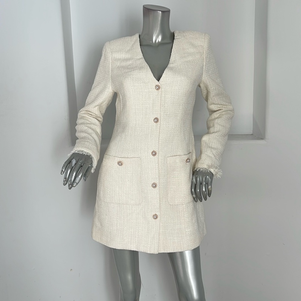 Unbranded Collarless Tweed Blazer Dress In Beige Pearl Buttons